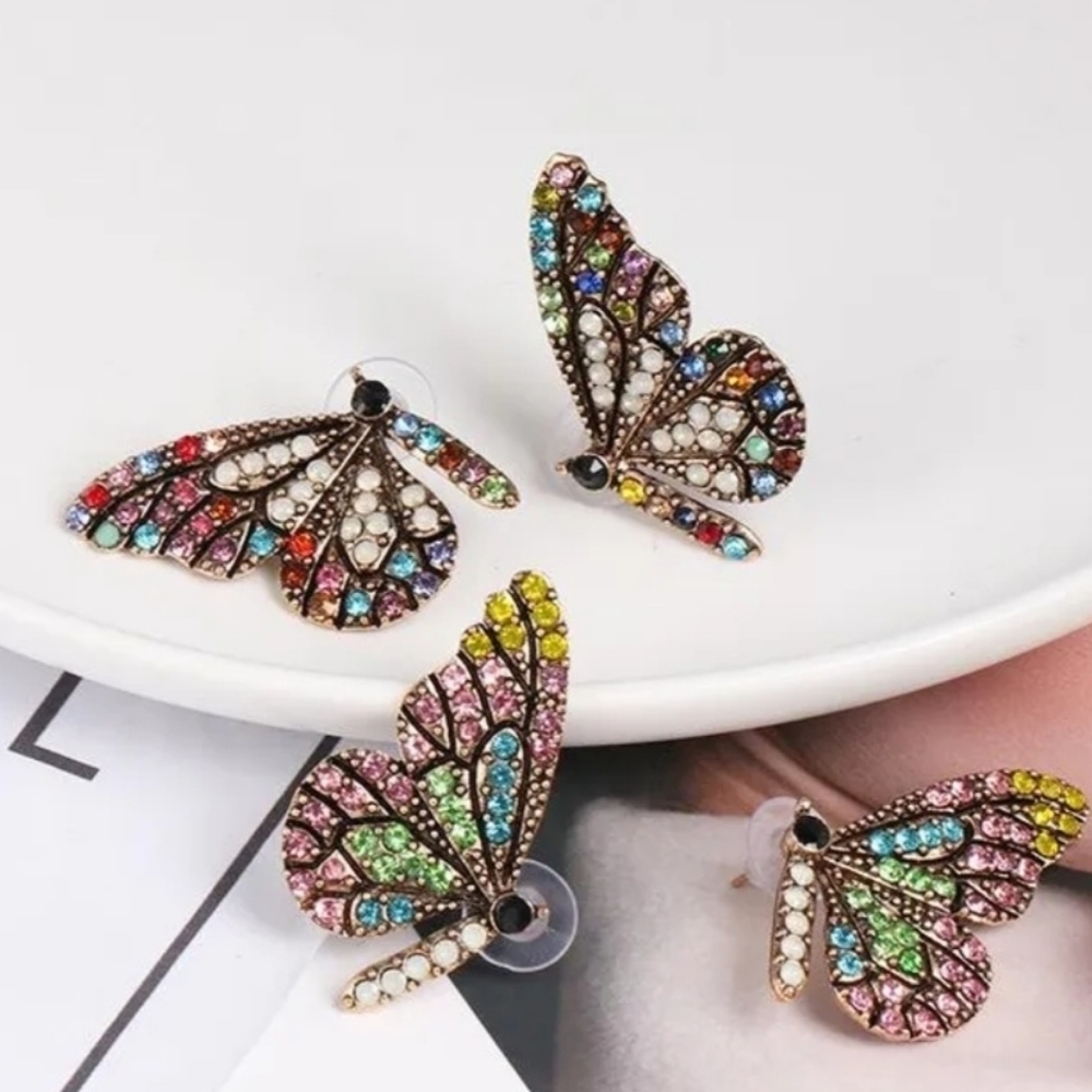 Butterfly Wings Rhinestone Stud Earrings Pastel Multi-color - Picture 9 of 17